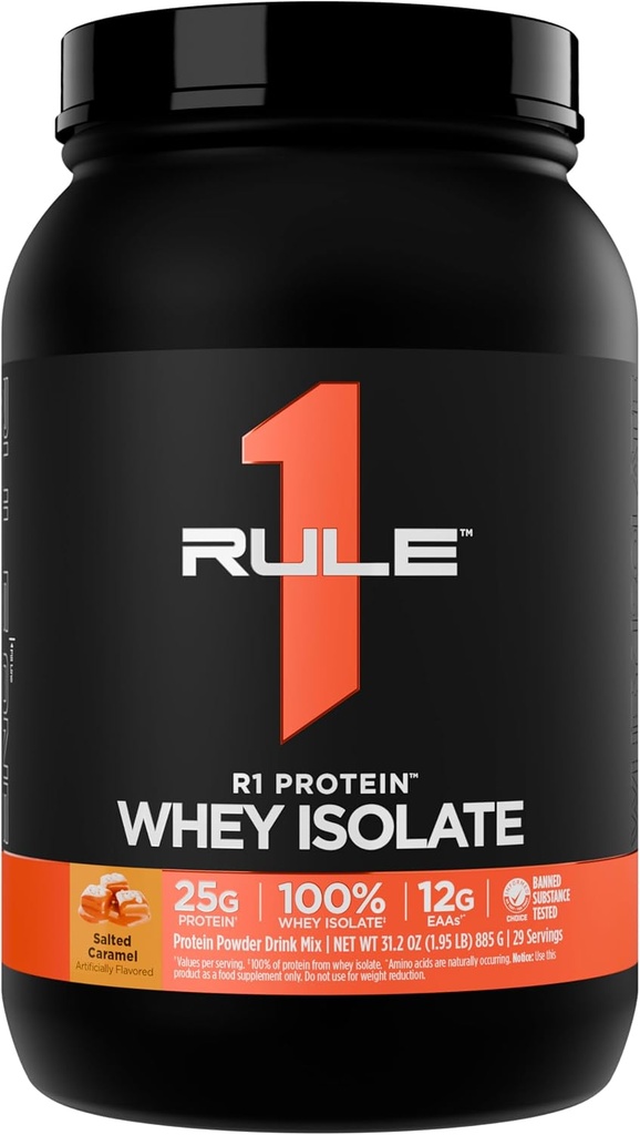 规则1 R1蛋白质 Whey Isolate - 含有25g蛋白 & 6g BCAA 单自孤立和水解源进行工作回收(2英镑*,Salted Carmel)
