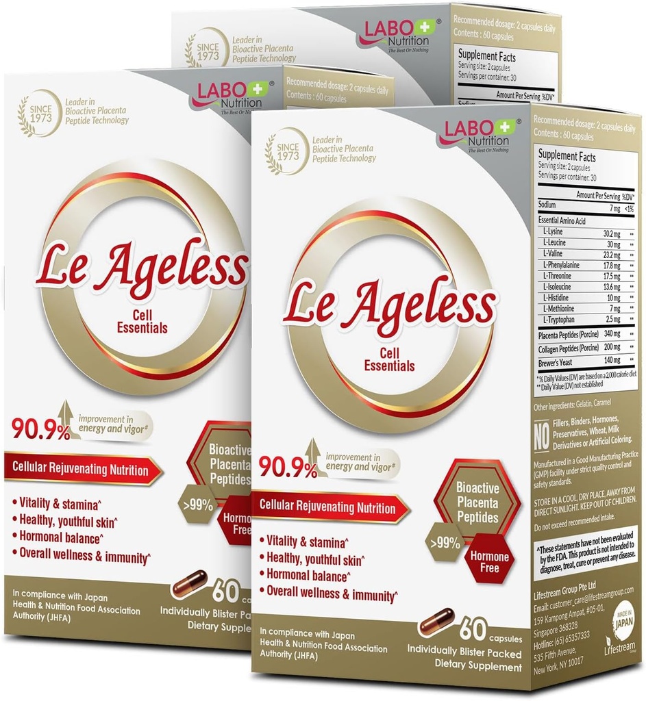LABO Nutrition Le Ageless – Placentas šūnu atjaunojošo terapiju no Japānas – Uzlabota ar kolagēna peptīdu un alus rauga, lai atbalstītu imūno veselību, ādas reģenerācija, anti-Aging – 60 kapsulasX3