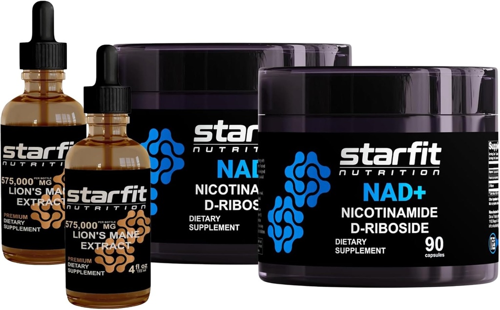 STARFIT - nikotinamid D- Ribozid, 180 kapsul in levja griva 575.000 Mg ekstrakt, 8 Fl Oz