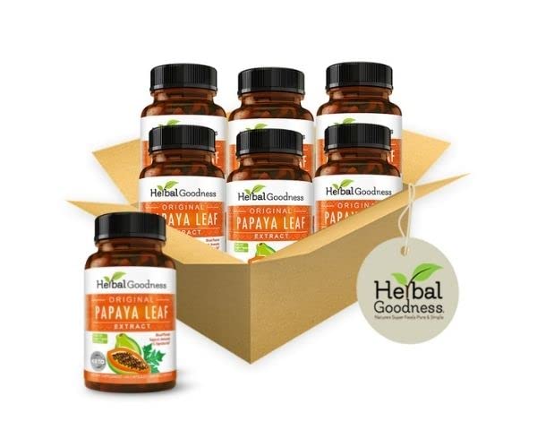 Papaya Leaf Extract Capsules 10X Strength - 60/600mg Veg Capsules- Blood Platelet, Bone Marrow & Spleen Support, Immune Gut & Super Digestive Health - Herbal Goodness (Pack of 6)