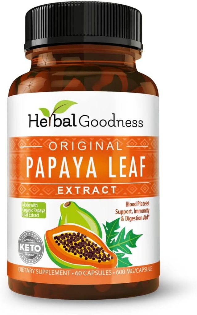Papaya Leaf Extract capsule 10X Concentraţia - 60/600 mg Veg capsule - sânge Trombocite, Bone Marrow & Spleen Support, Immune Gut & Super Digestive Health - Herbal Goodness (Pachet de 6)