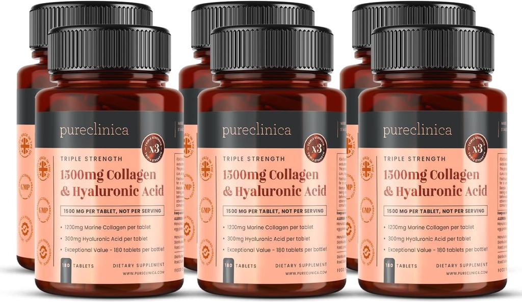 1500mg x 1080 tabletter. 1200mg UltraColl Collagen & 300mg Hyaluronsyra per tablett. (6 flaskor av 180 tabletter varje - 18 månader leverans)