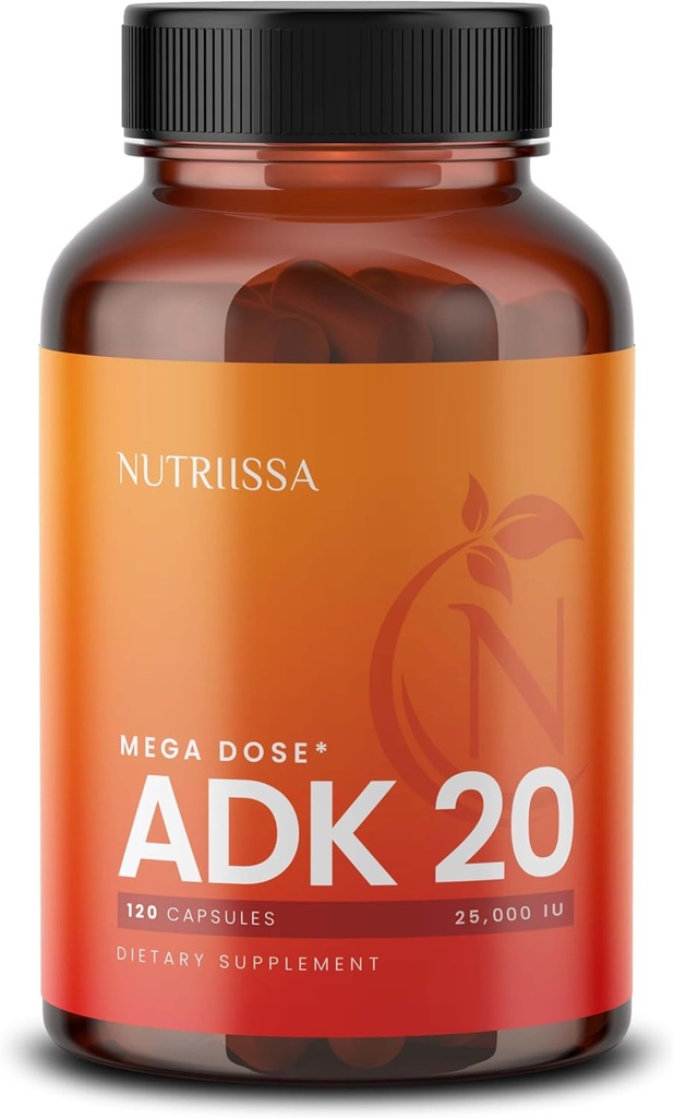 Nutriissa ADK 20 - Immune & Bone Health Support with Vitamins A, D & K (25.000 IE) - 4-maands levering - EPEB gecertificeerd voor zuiverheid & potentie - 120 Vegan Capsules