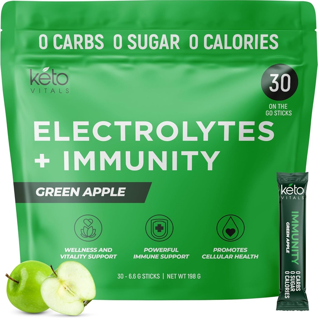 Keto Vitals Immunity Sugar Free Electrolytes Powder med C-vitamin, Ginger, gurkmeja och elderberry - Öka ditt immunsystem och återfukta din kropp - Grönt Apple smak, 30 greve