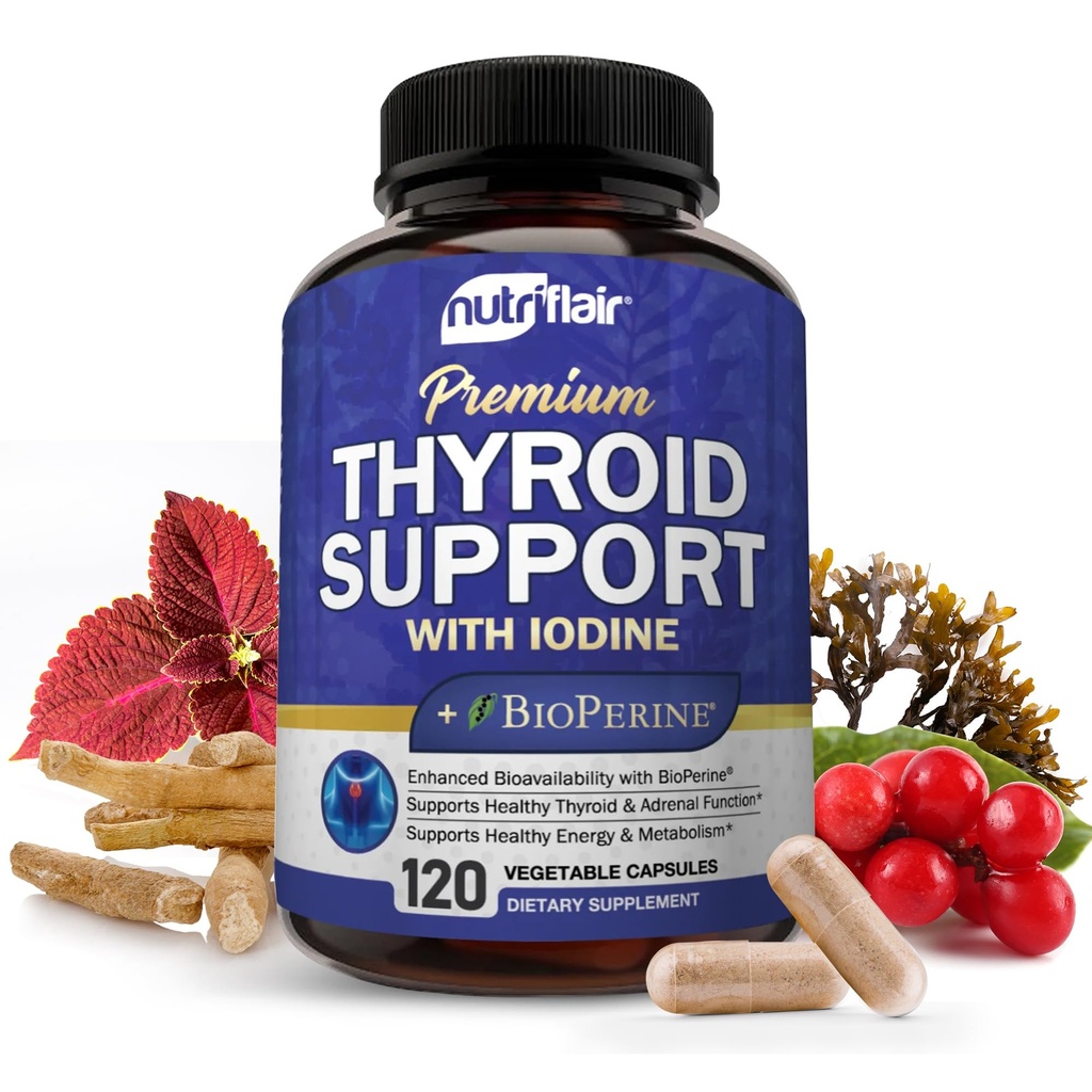 NutriFlair Thyroid Support Complex, 120 Capsules - with Iodine, Black Pepper, Ashwagandha, Vitamin B12 - Thyroid Supplement for Women and Men