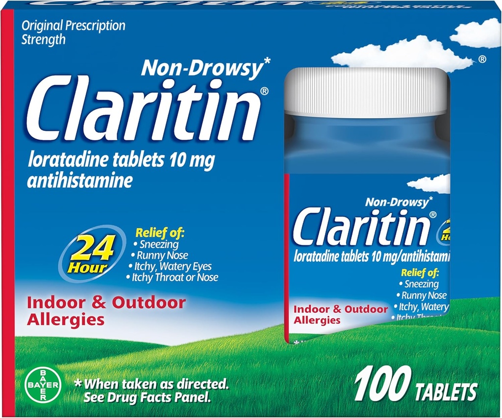 Claritin Allergia Ravim täiskasvanutele, 24-tunnine mitteuimas Loratadiini 10 mg pillid, Antihistamiin, 100 tabletti