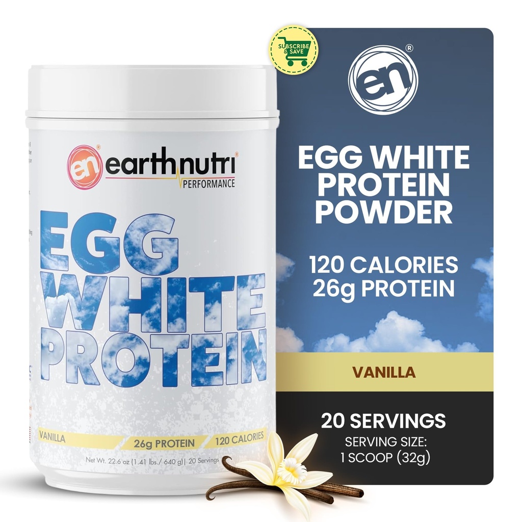 EarthNutri - Egg White Protein Powder Supplement for Pre, Intra or Post Workout, 26g of Protein Per Serving, Supports Muscle Strength & Recovery, No Artificial Additives - Vanilla 20 Servings (640g)