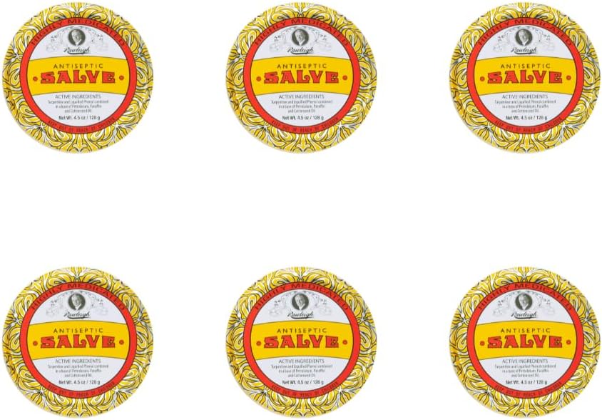 Rawleigh Antiseptic Salve Iconic Yellow Big Tin: 4.5 oz, Multi- Purpose Ointement Soothes Cutts, Bruises, Irritations, with Turpentine, Phenol, Cottonseed Oil & Paraffin, Original Formule - Balení 6
