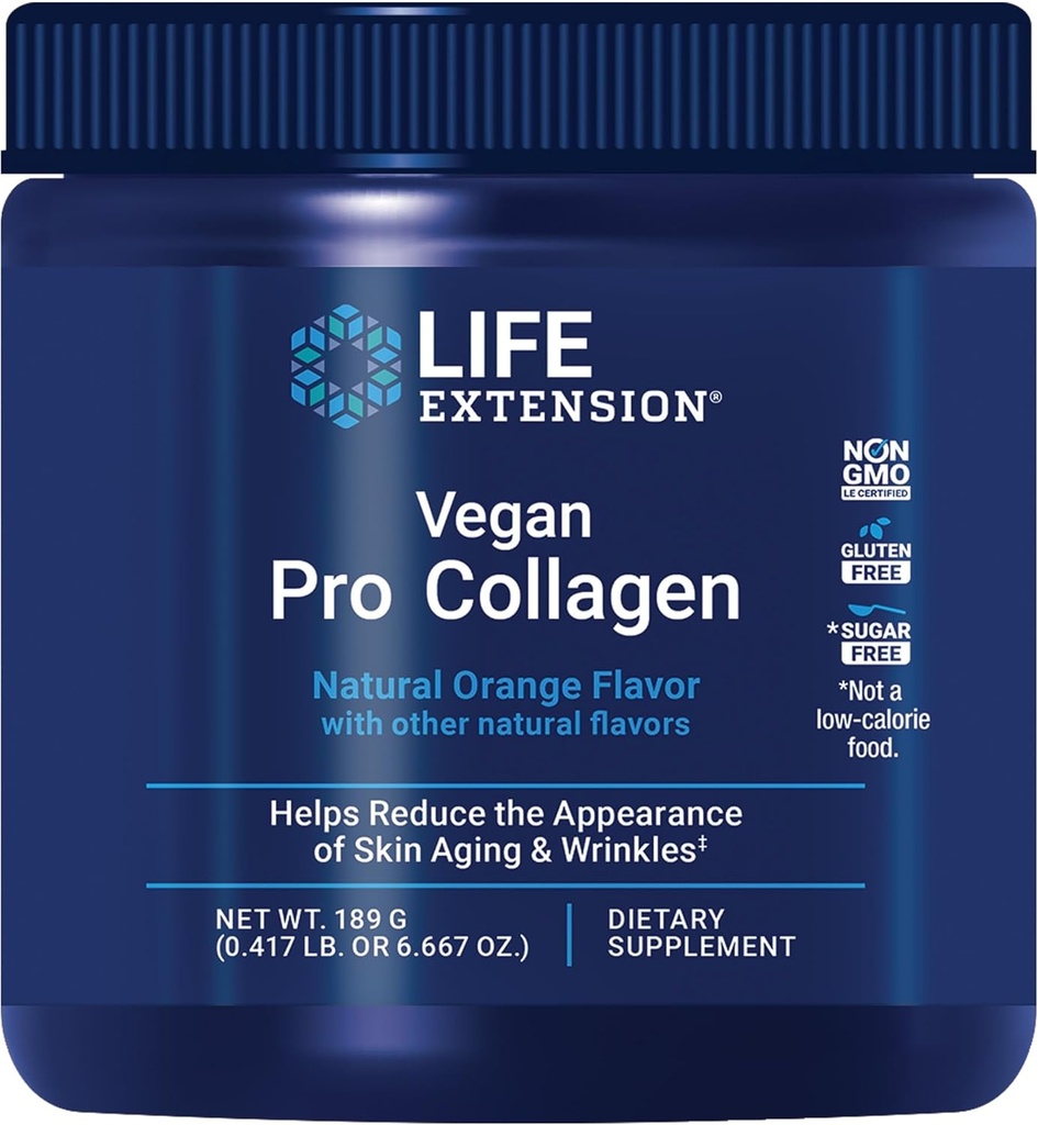 Life Extension Vegan Pro Collagen, Collagen Builder Support, Skin Health, Typ I Collagen Amino acids, Gotu kola, Vitamín C, Gluten-free, Non-GMO, Vegan, 30 Servings