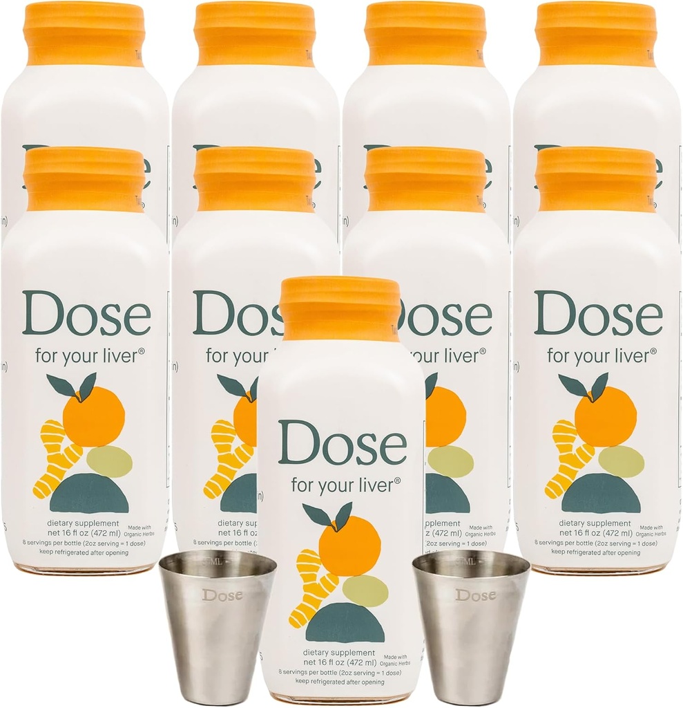 DOSE för din Liver Support Supplement Shot| Non GMO, Vegan, Gluten Free, Kosher Pareve | 16oz (9 flaskor) & 2oz Shot Glass (2 glas)
