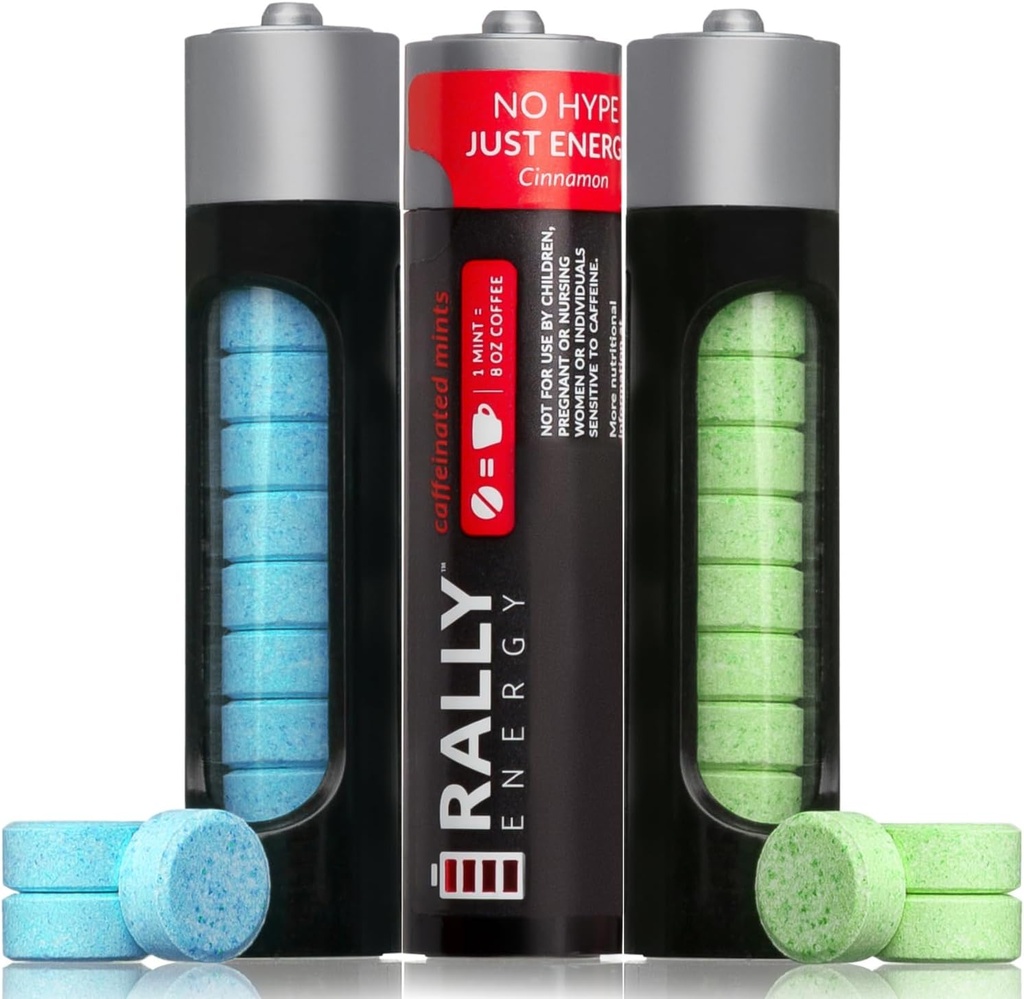 Rally Caffeine Mints, 60 מיליגרם, אנרגיה מיידית, נשימה טרית, קפאין, 0 סוכר, פלפל טבעי, Cinnamon, Wintergreen Variety Pack (3 Packs, 30 Mints)