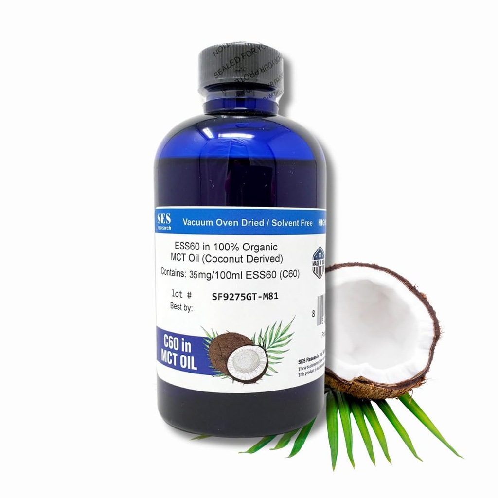 SES Research C60 Organic MCT Oil Coconut Derived - 99.99% Carbon60 - Antioxidant Nootropic supplement - for Longevity - sleep - Energy ' Immunity 4Oz