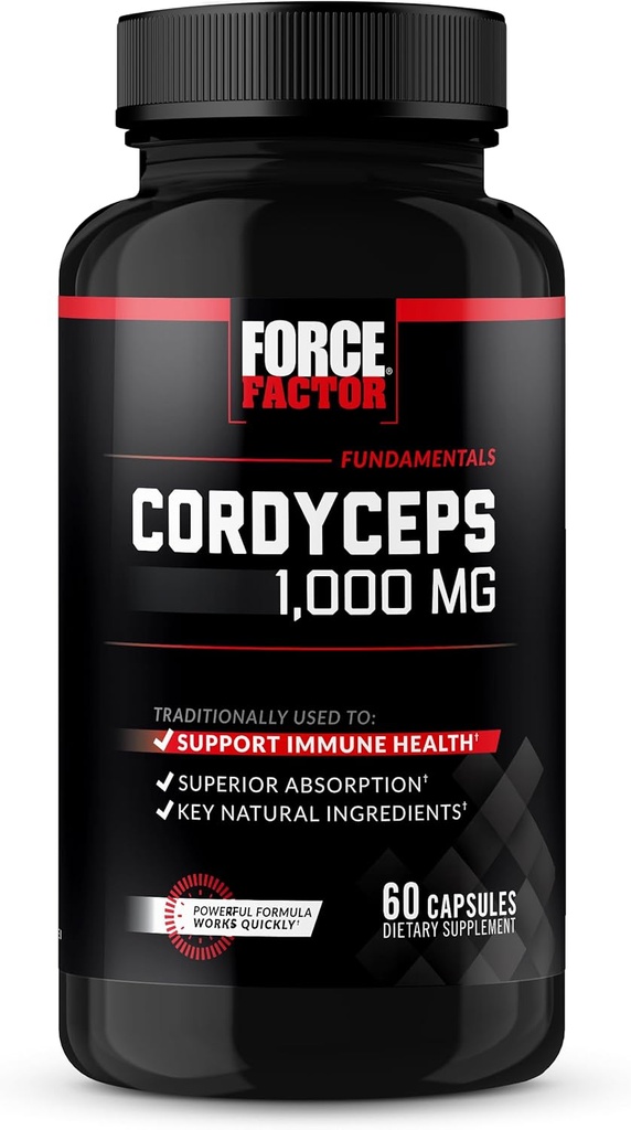 FORCE FACTOR Cordyceps capsule con 1000mg di Cordyceps Sinensis Mushroom Extract, tradizionalmente utilizzato per migliorare la vitalità, con BioPerine per assorbimento rapido, ingredienti naturali chiave, 60 capsule