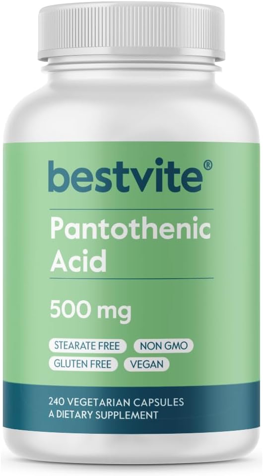 BESTVITE Pantotenic Acid 500mg (Vitamin B5)(240 Kasvissyöjän kapselit) - Ei stearaattia - Ei liivatetta - Ei kalsiumoksidia - Vegan - Ei muuntogeenisiä organismeja - Gluteeniton
