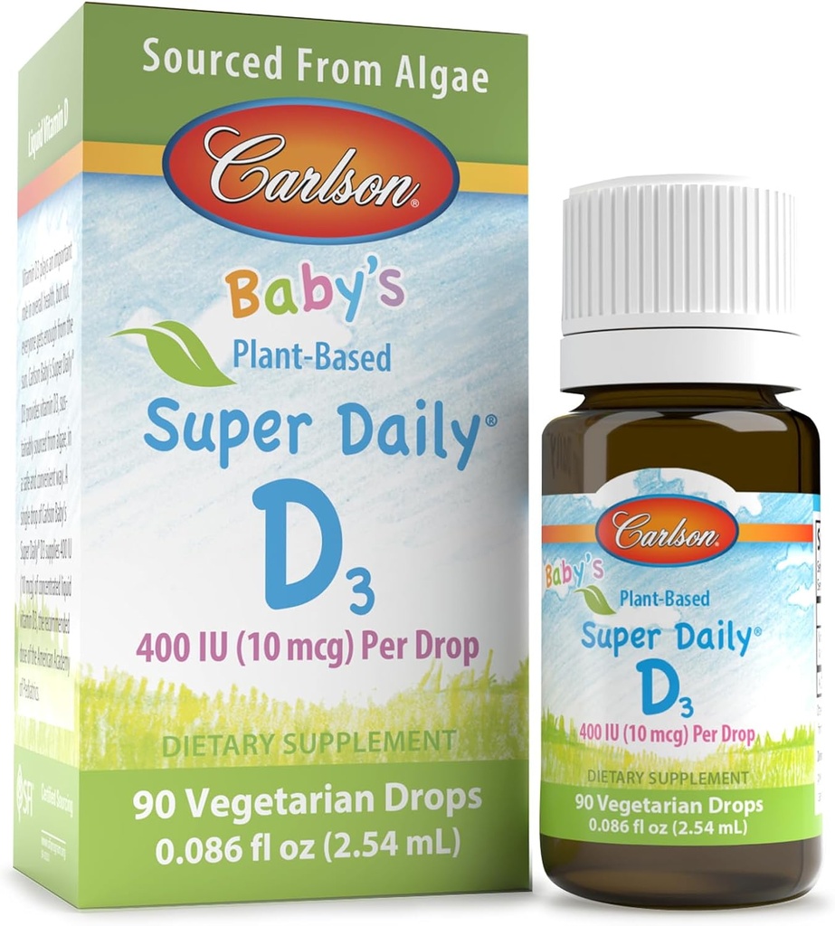Carlson - Baby 's Plant- Based Super Daily D3, Baby Vegetarian Liquid Vitamin D Drops, 400 IU (10 mcg) per Drop, Sourced from Algae, for Baby and Toddlers, Unflashted, 90 Drops (2.54 mL)