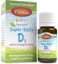 Carlson - Dětské Plant- Based Super Daily D3, Baby Vegetarian Liquid Vitamin D Ddrops, 400 IU (10 mcg) per Drop, Sourced from Algae, for Infants and Toddlers, Unflaused, 90 Drops (2.54 ml)
