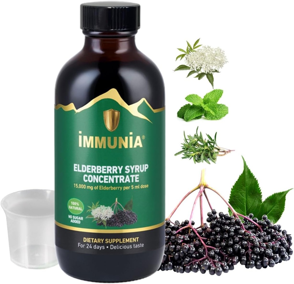 Immunia Elderberry Syrup bidrar til å styrke immunsystemet. Elderbær konsentrert med Elderflower, Thyme og Peppermynt. Ingen sukker tilsatt. Delicious smak. 24 dager/Bottle. (1-Pack)