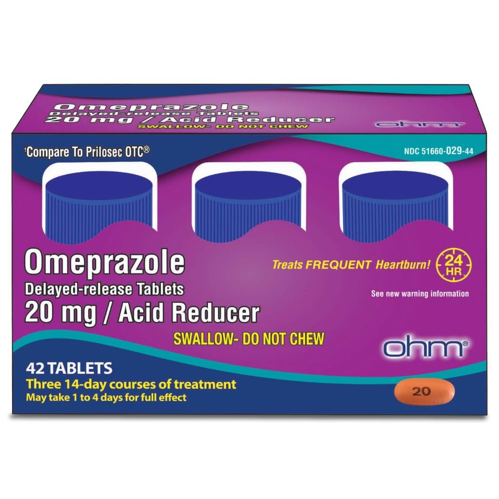 Ohm Omeprazole 20mg, 42 Delayed-Release Tablets, Acid Reducer for Frequent Heartburn, 24-Hour Relief Heartburn Medicine, Helps Relieve Stomach & Chest Discomfort (6 Weeks of Supply, 42, Count)
