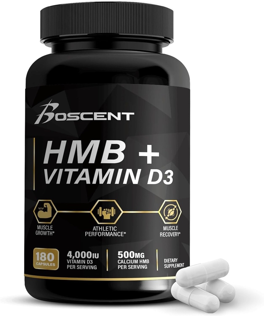 HMB і вітамін D3 Supplement 1,000 MG (180 капсули) - HMB добавки з 4000 UI D3 & Calcium - М'язове зростання, міцність & лікування - B-Hydroxy B-Methylbutyrate Butyrate - М'язовий будівельник для чоловіків