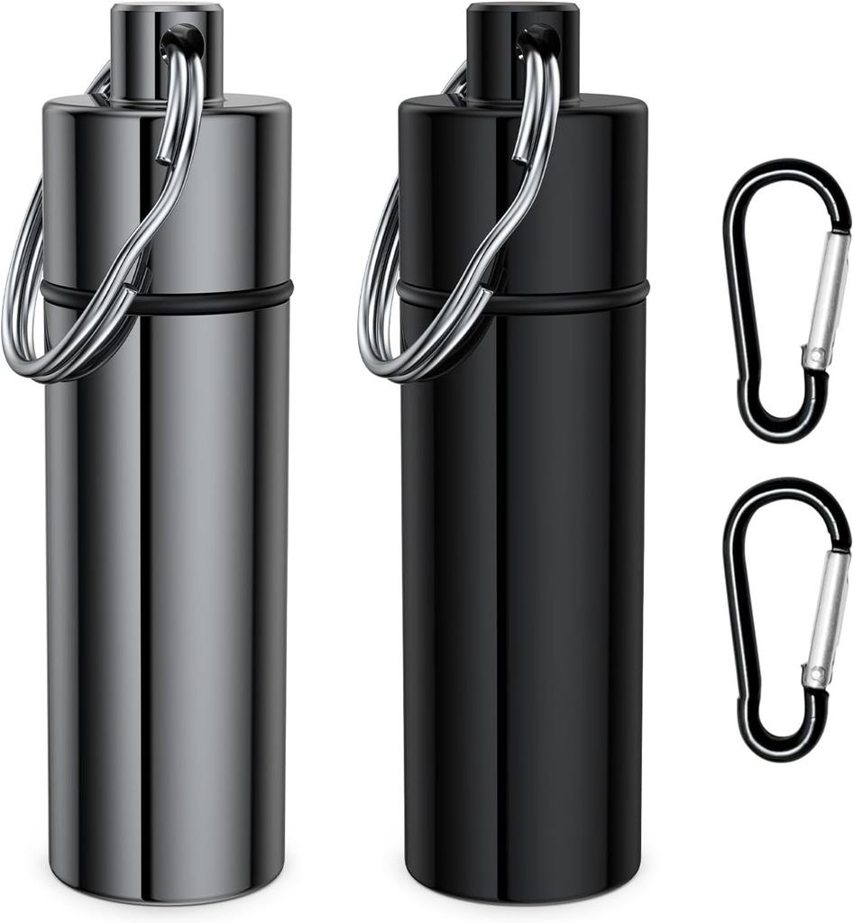 Kiçik Pill Box,(2 Pack+2*Carabiner Clips) Roll Pill Holder Portable Mini Travel Pill Container Metal Case Şişe Keyring