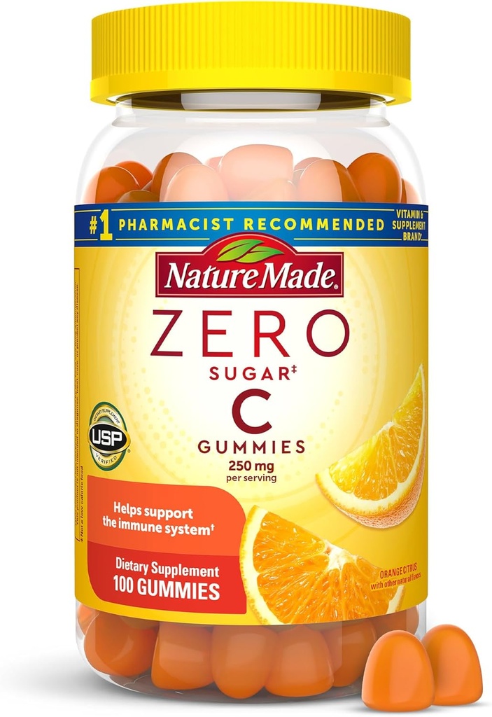 Gamta Pagaminta Zero Cukraus Vitaminas C Gummies 250 mg vienam servicing, Imuninis & Antioksidantas parama, Aspartamas Nemokamas, 100 Cukraus nemokamai Gummies, 50 Dienos tiekimas
