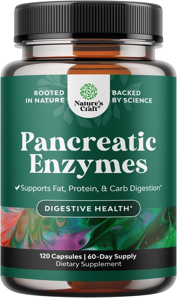 Natures Craft Pancreatin Digestive Enzymes for Digestive Health - Enzymes for Humans with Fat Carb and Protein Women and Men - Protease Amylase & Lipase Digest