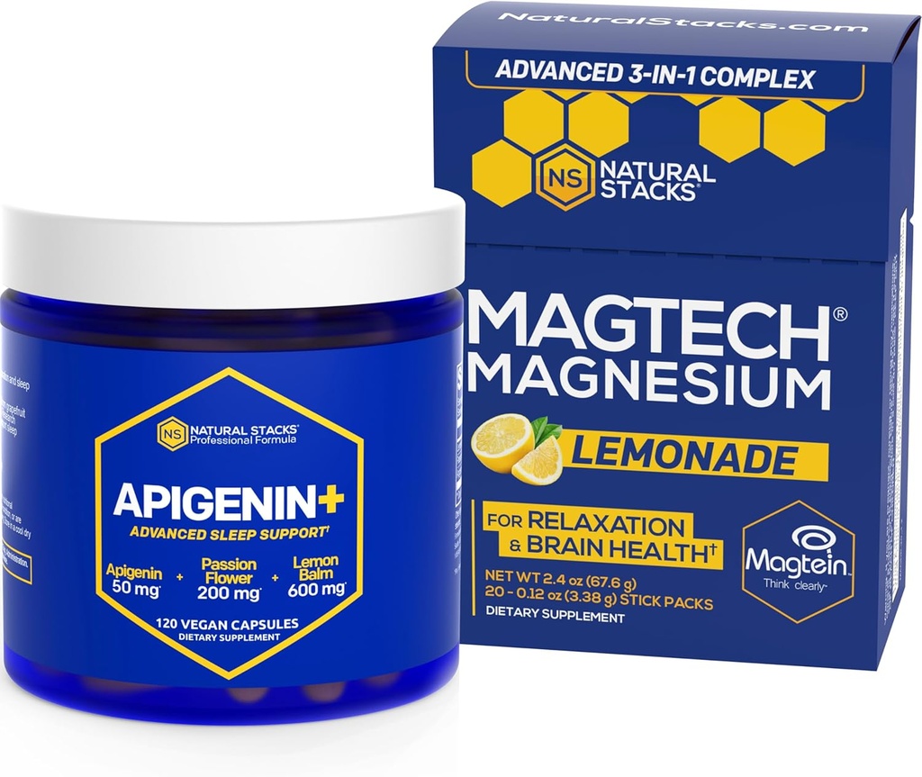 NATURAAL STACKS Magtech Magnesium Beu una barreja + APIGENIN+Adjuntador - Suports, salut intel·lectual i dormir* - 80 Servings