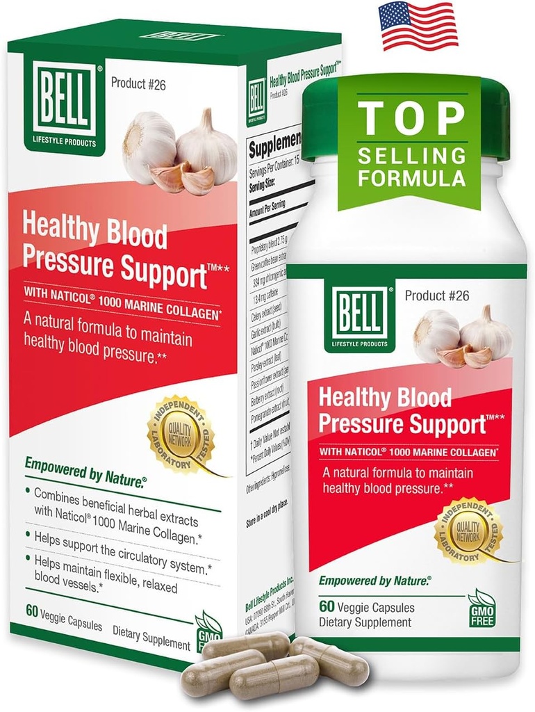 Bell Healthy Blood Pressure SupportTM Unique Blend - Green Coffee Bean Extract, Garlic & Celery Seed Extract 보조 식품 - 60 캡슐, Vegan, Non-GMO