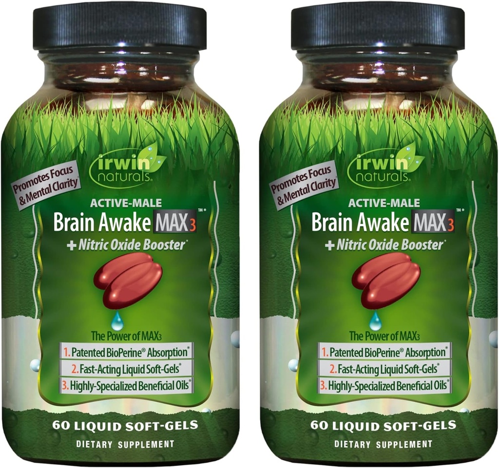 Irwin Naturals Brain Awake Max3 + Nitric Oxide Booster - 60 Liquid Soft-Gels, Pack of 2 - Support Brain Health & Optimize Performance - 40 Total Servings