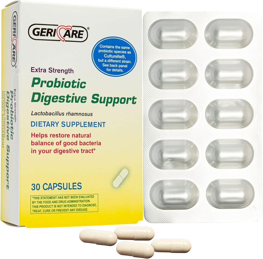 GeriCare Probiotic Digestive Support ; Extra Strength 20 miljardi CFU Lactobacillus Rhamnosus R-11 Daily Probiotic ; saglabā Jūsu Gremošanas sistēma līdzsvarota  ; 30 kapsulas