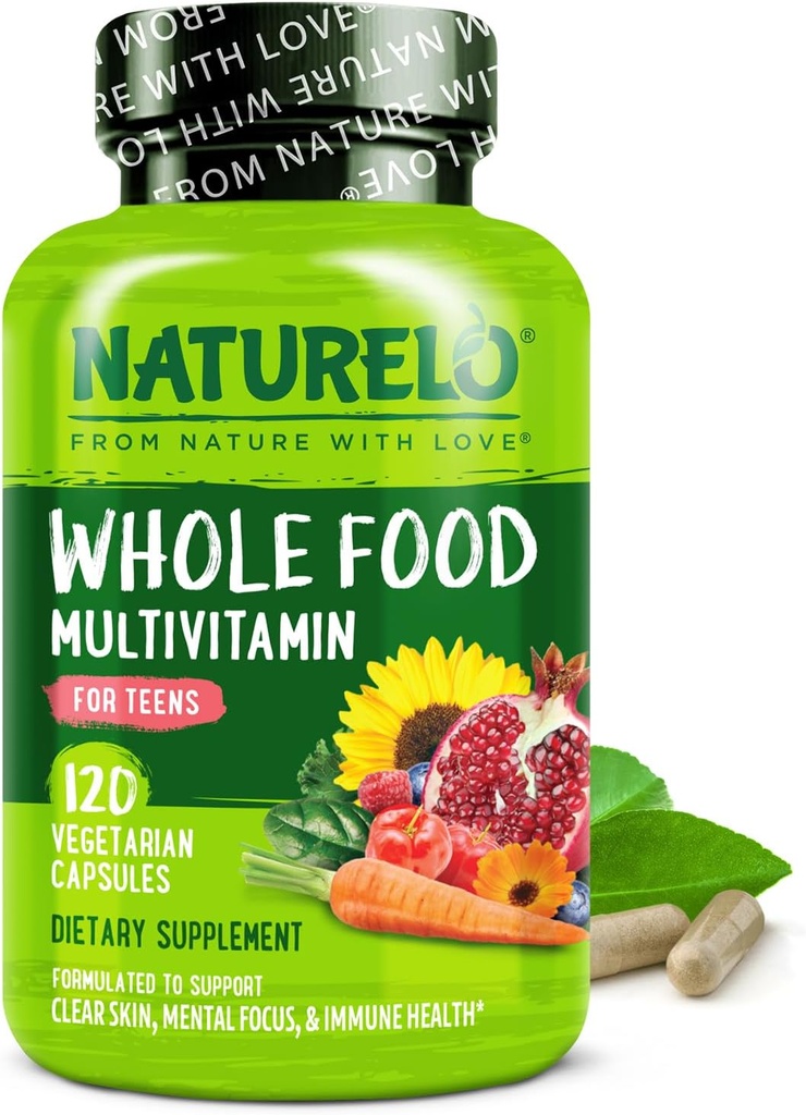 NATURELO Multivitaminen voor tienermeisjes/jongens, 120 Capsules, Whole Food Multivitamine met mineralen, Non-GMO, Vegetarisch