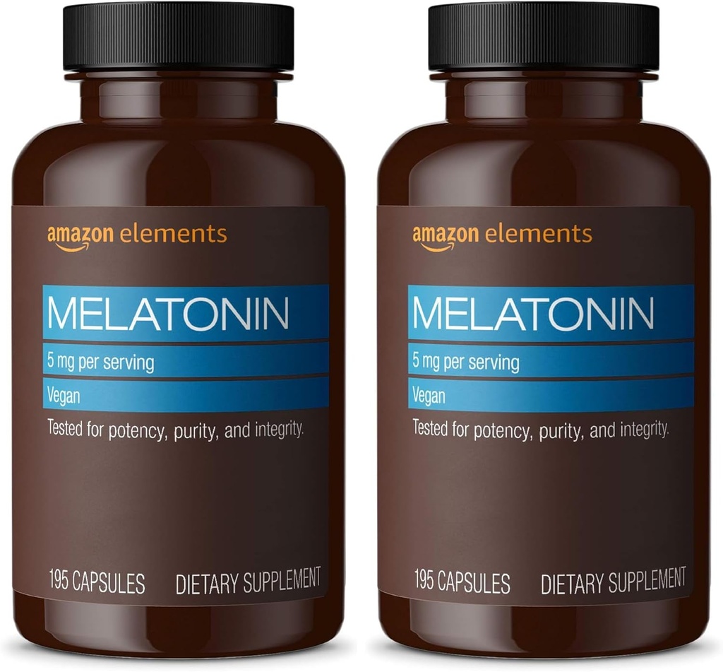 Elementos - Melatonina 5mg Cápsulas, Ajuda com a insônia ocasional, Vegan, Sem sabor, 195 Contagem (Pacote de 2), 6 Mês de Fornecimento (Pacote de Maio Vary)