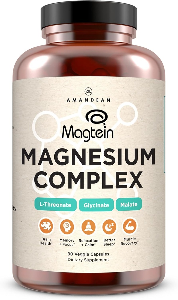 AMANDEAN Magtein Magnesium Complex. L-Threonate, Glycinate, Malate Triple Blend Chelat Magnesium Supplement. 90 Veggie Kapseln. Hohe Absorption Branded Zutaten. Gehirngesundheit, Schlaf, Ruhe*.