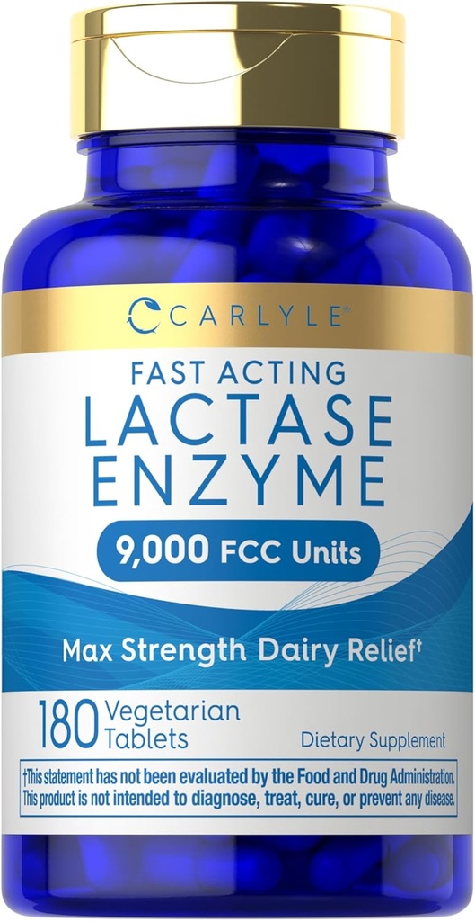 Carlyle Lactase Enzyme Pills 9000 FCC | 180 tabletter | Fast Acting Dairy Relief Supplement | Max Strength Support | Non-GMO, Gluten Free