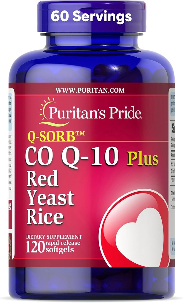 Puritan 's Pride Q- Sorb ™ Coferment CoQ10 maisto papildas, skirtas širdies sveikatai, burnos gleivinės sveikatai ir sveikam senėjimui, plius raudonasis ryžius geresnei virškinimui, 120 greito atpalaidavimo migdolų