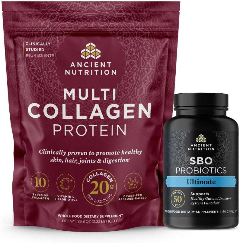 Oude voeding Multi Collageen Proteïne Poeder, Unflavored, 100 Servings + SBO Probiotica, Ultimate, 60 Capsules