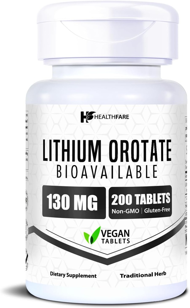 HealthFare Litium Orotate Supplement 130 mg | 200 vegetariske tabletter | høy biotilgjengelighet spor Mineral | Mood, hjerne og minne støtte | Ikke-GMO, Glutenfri | laget i USA
