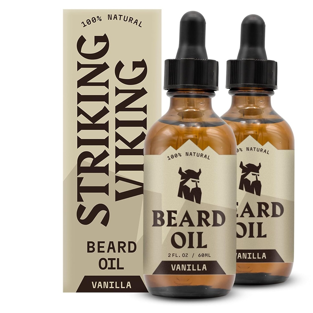 Striking Viking Beard Oil for Men - 2 Fl Oz, Pack of 2, Vanilla Scent - Naturally Derived Conditioner with Almond, Tea Tree, Argan & Jojoba Oil for Beard Growth, Softening " Moisturizing
