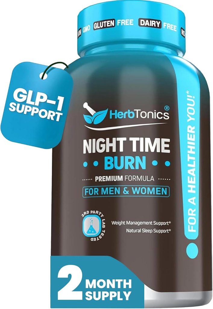 Herbtonics Night Time Burn & Sleep Complex apoya el metabolismo nocturno, el alivio del estrés y el sueño profundo. Incluye Melatonin, Valerian y Green Tea – Vegan Bedtime Weight Management (60 Capsules)