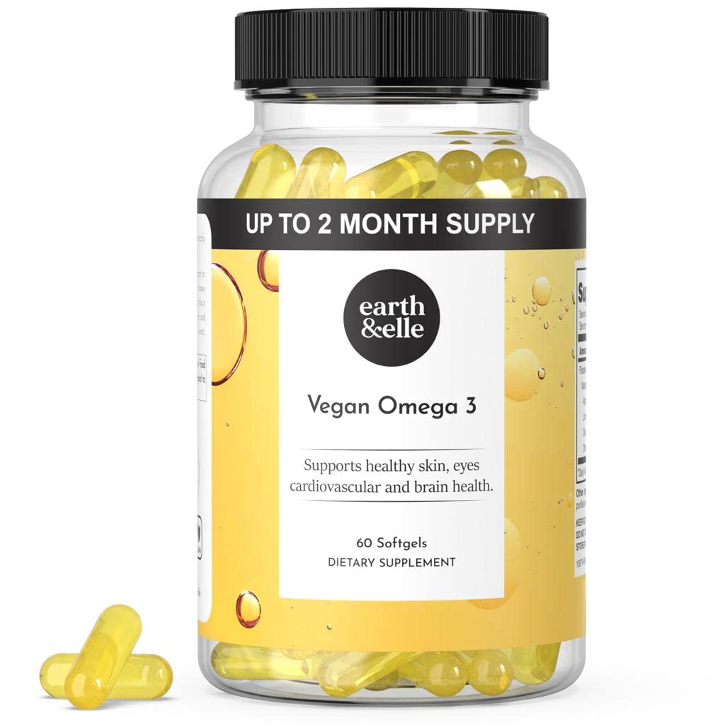 Earth & Elle Algae Omega 3 Supplement - Vegan Omega 3 - Omega 3 Vegan Supplement w/Algae Oil & Vegan DHA - Helps Support Heart & Brain Health 1000 mg Per Serving - No Fishy Aftertaste 60 Softgels