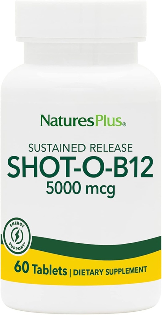 Natures Plus Shot-O-B12 (Methyleobalamin), Sustained Release - 5000 mcg, 60 טבליות צמחוניות - High Potency, Fast Acting B12 - Memory & Energy Booster - Gluten-Free - 60 משרתים