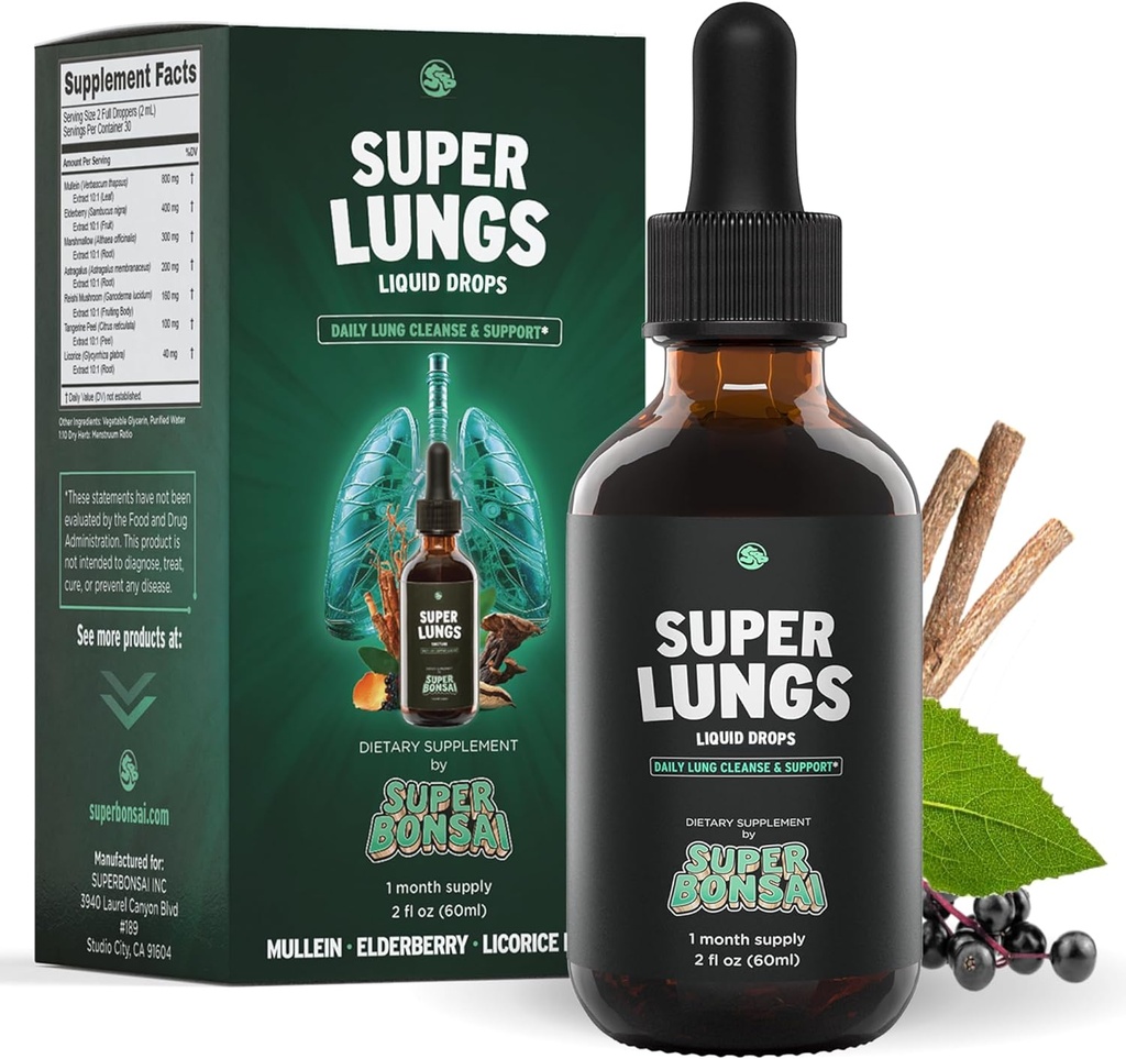 SuperBonsai Super Lungs Mullein Drops - Herbal Lung Support Tincture Mullein Leaf Extract Elderberry Reishi Marshmallow Root - Arnasketa eta ongizatea garbitzen laguntzen du - 2 oz
