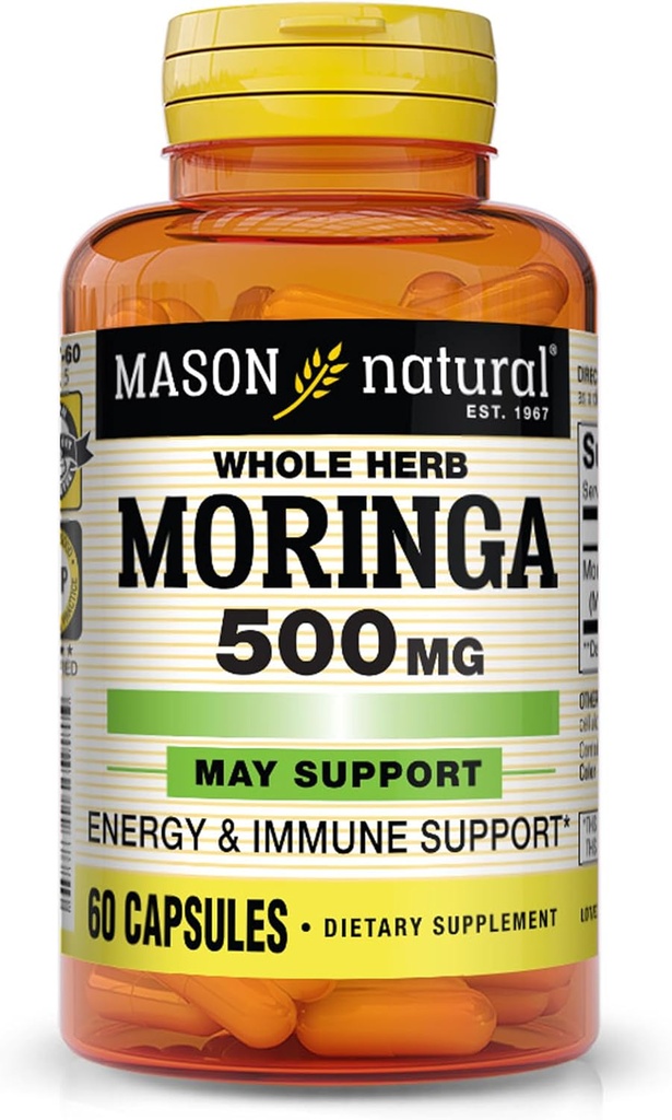 MASON NATURAL Moringa 500 mg - Susţine răspunsul metabolic şi inflamator, suport imun antioxidant Suplimentul vegetal, 60 Capsule