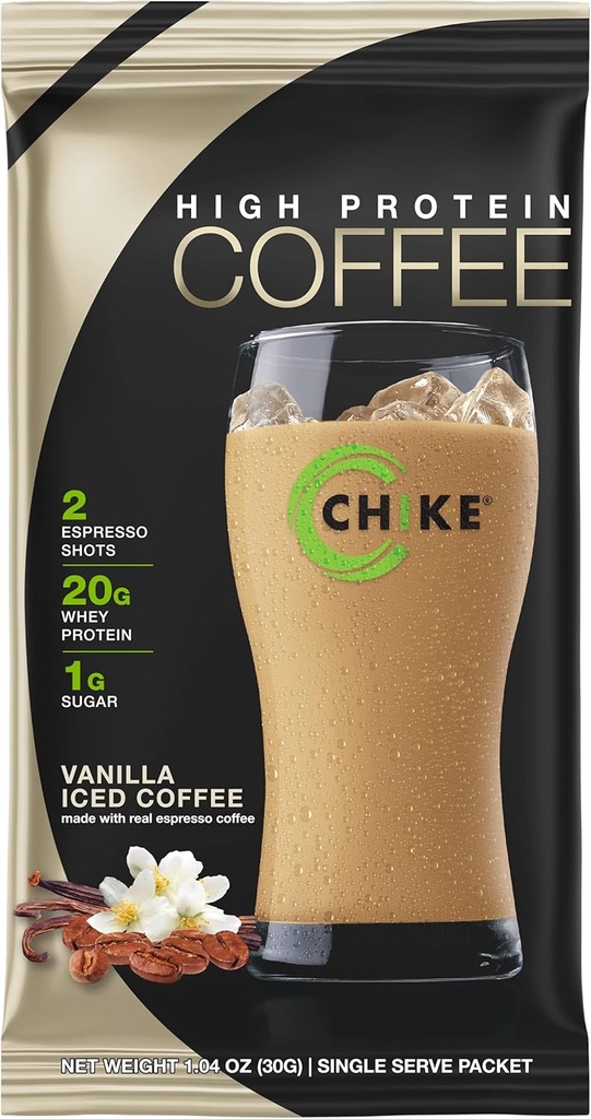 CHIKE Vanilla High Protein Iced Coffee, 20 G Protein, 2 Schüsse Espresso, 1 G Zucker, Keto Friendly und Glutenfrei, 12 Single Serve Packets