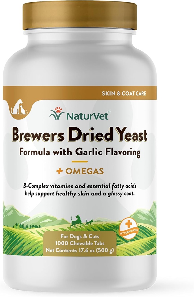 NaturVet – Brewers tørkede Yeast Formula med hvitløksflavoring – Plus omegaer | rik på omega-3, 6 og 9 fettsyrer | Forsterket med B1, B2, Niacin & vitamin C | for hunder og katter | 1000 Chewable tabletter