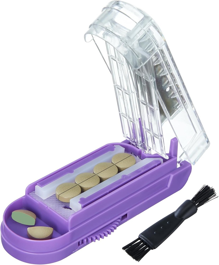 Pill Cutter for Multiple Pills at a Time, Pill Cutter Splitter for Small and Tiny Pills, Pill Cutter for Small or Large Pills, Pill Splitter with Hidden Sharp Stainless Steel Blade (Purple + Clear)