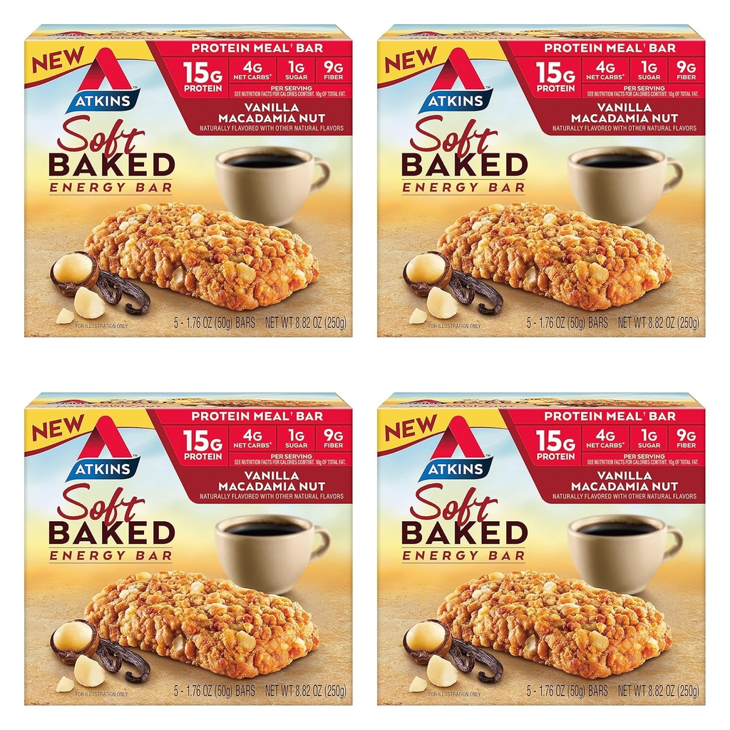 Atkins Vanilla Macadamia Nut Flavored Soft Baked Energy Bars, High in Protein, Low Sugar, High Fiber Snack, Protein Snack, 4 Packs (4 Bars Varje)