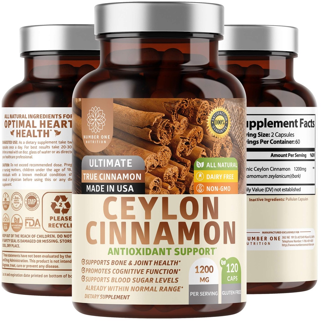 N1N Premium Ceylon Cinnamon 1200mg [100% Organic Ceylon Cinnamon] Natural Supplement to Support Healthy Circulation, Brain and Joint Function,120 Caps