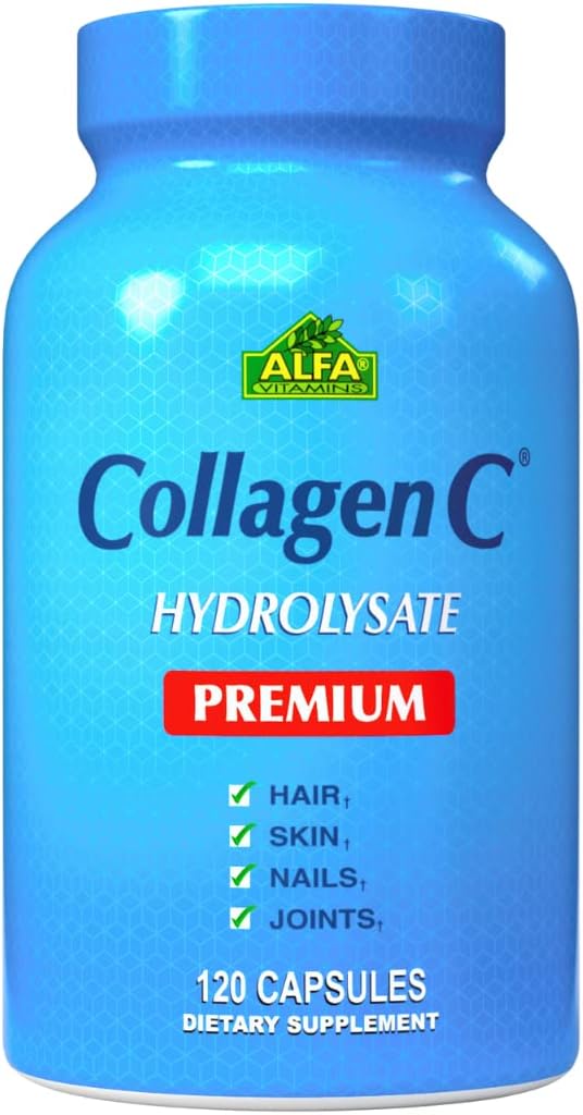 ALFA VITAMINS CollagenC Suplemento dietético Premium Hydrolysate con vitamina C, soporta pel, cabelo, unhas e saúde ósea, mellora a produción de coláxeno, peptidos de coláxeno para a rexuvenecemento,120 cápsulas