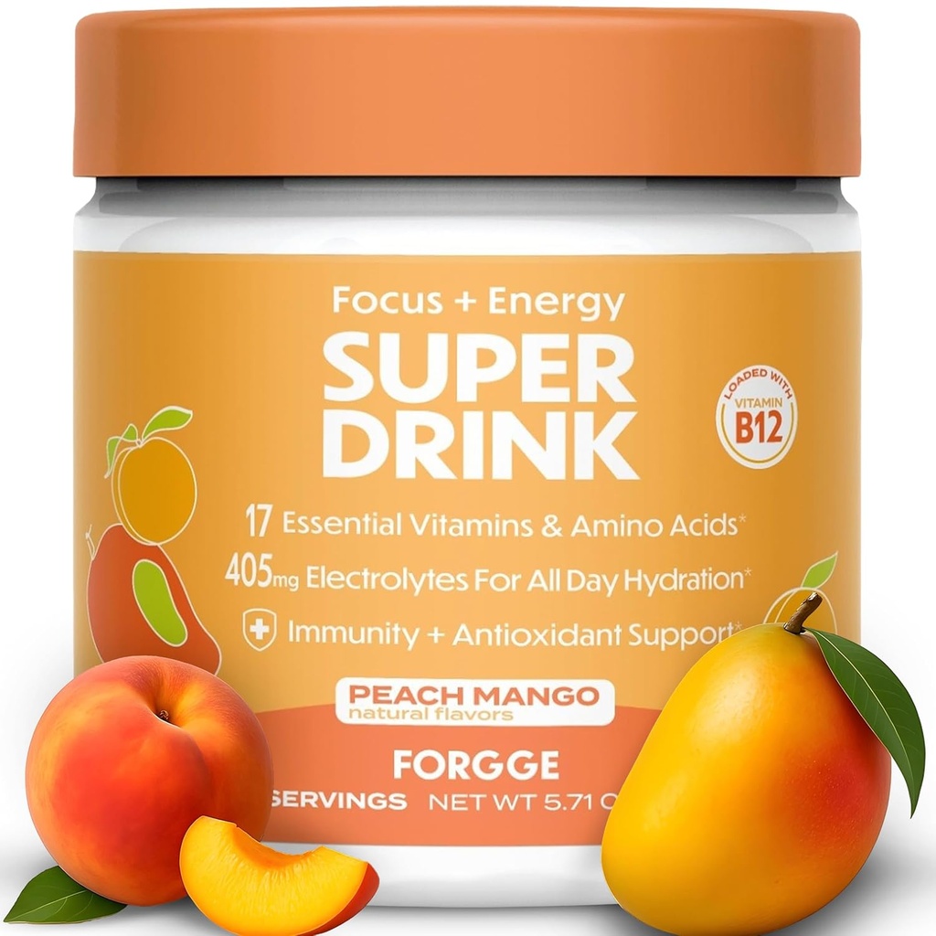 Forgge Energy Booster Super Drink - Clean Caffeine + B12, B6, C & D Vitamíny - Sugar Free Energy Drink Powder with Electrolytes, Amino Acids, Antioxidants, Lions Mane - Vegan, Keto- Friendly - 30 SVG, Peach Mango